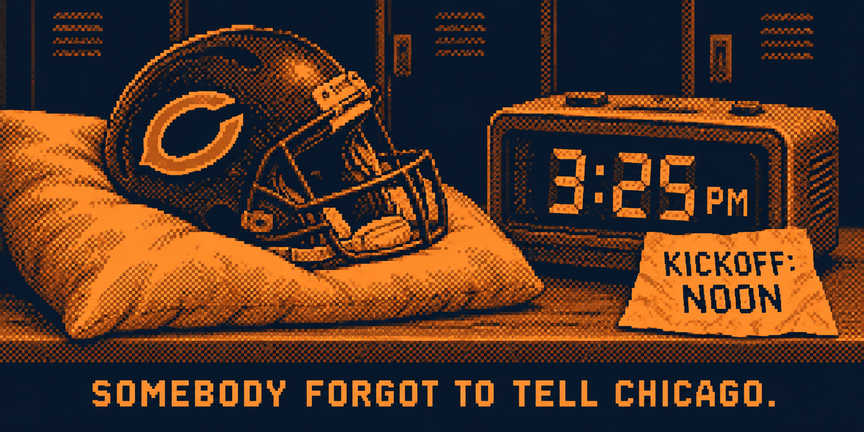 Orange-and-navy newspaper-style pixel illustration of a Bears helmet on a pillow beside an alarm clock set to 3:25 PM and a notice reading KICKOFF: NOON.